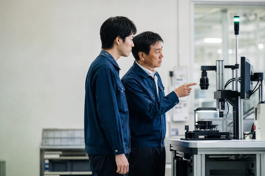 検査装置の前で、二人の作業者が状態を確認している様子